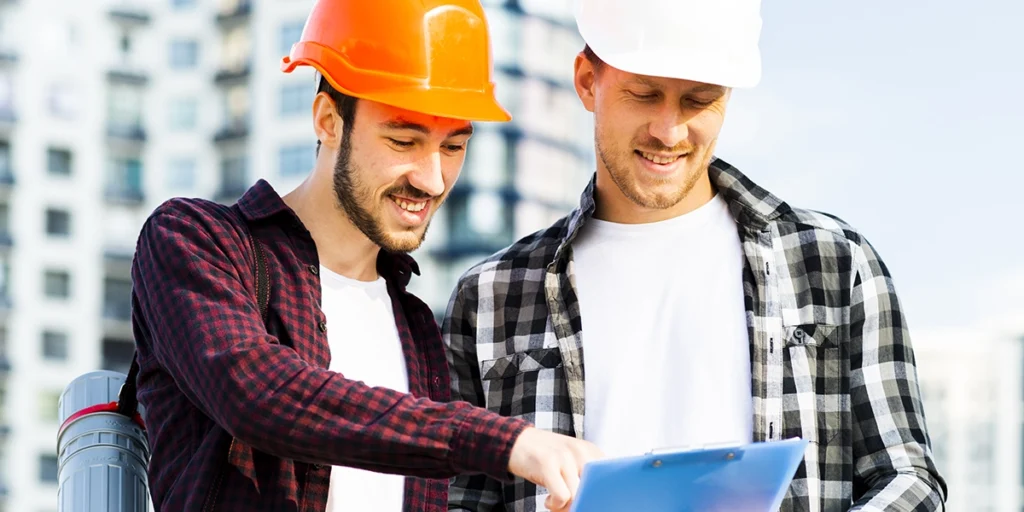 Na imagem, vemos dois homens próximos a a um prédio, ambos olhando para uma prancheta. Os dois usam capacetes de construção, aparentemente em um ambiente de obra.