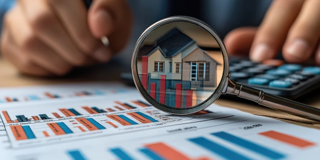 A foto apresenta uma lupa focada na imagem de uma casa. Na mesa, podemos ver um gráfico e as mãos de uma pessoa usando uma calculadora. 