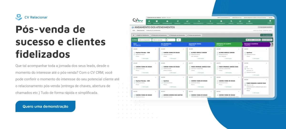 A imagem apresenta uma tela do CV Relacionar, ao lado de uma frase que reforça a fidelização de clientes que usam a plataforma