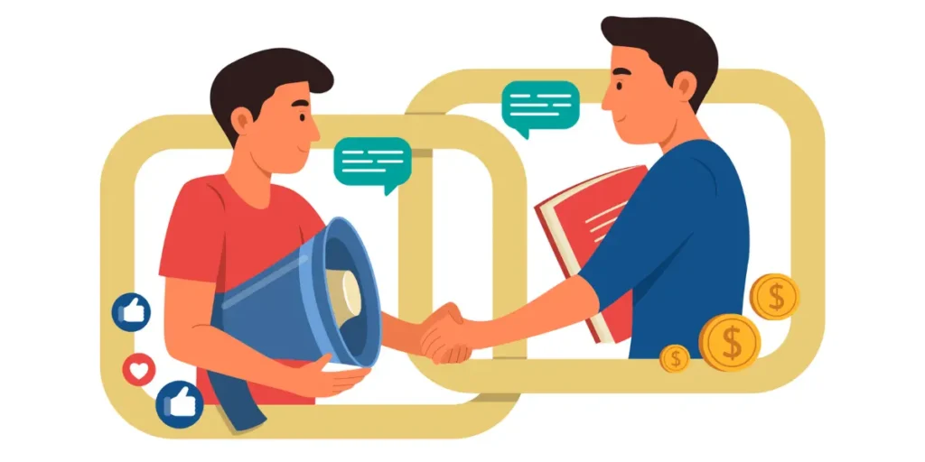 Ferramentas de relacionamento com o cliente: ilustração de dois homens apertando as mãos. Um deles segura um megafone, o outro um livro. 