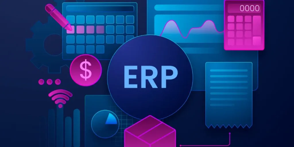 Ferramentas de relacionamento com o cliente: ilustração de planilhas, calculadora, calendário. No centro, em destaque a sigla "ERP".