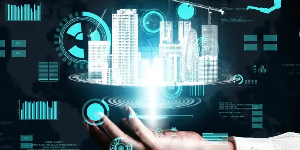 Business Intelligence no mercado imobiliário: Imagem mostra uma mão com a palma para cima e várias imagens em 3D de gráficos e tabelas. No centro da imagem, também em 3D, vários prédios.