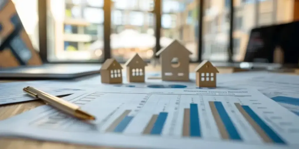 Gestão de loteadora Gestão de loteadora: Imagem mostra gráficos impressos em um papel, em cima de uma mesa. Há uma caneta ao lado e no fundo da imagem miniaturas de casas feitas de madeira crua.