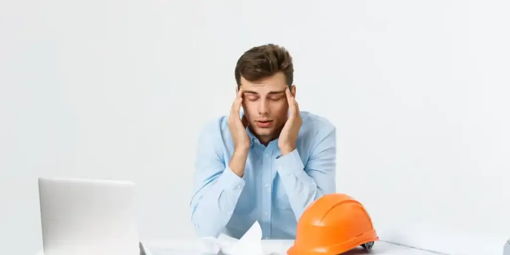 Gestão de loteadora Gestão de loteadora: Na foto um homem de blusa azul com as mãos na lateral da cabeça e expressão de dor. Há uma capacete laranja na frente dele.