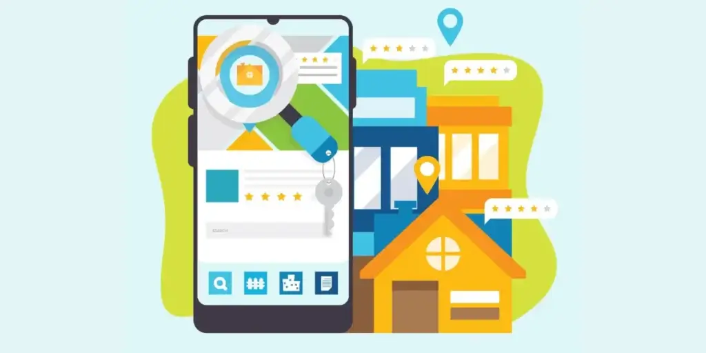 integrações de CRM imobiliário: ilustração de um celular com um mapa na tela e uma lupa destacando um endereço.