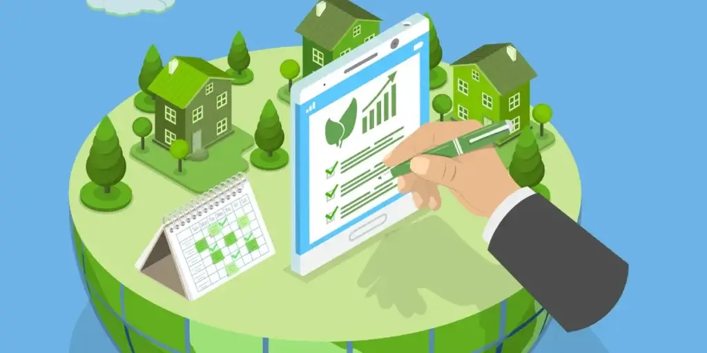 Licenciamento ambiental para loteadoras: ilustração mostra um terrenos com casas construídas, ao lado de árvores. No centro da imagem há um tablet onde uma mão marca algumas informações. Há um calendário de papel ao lado. 