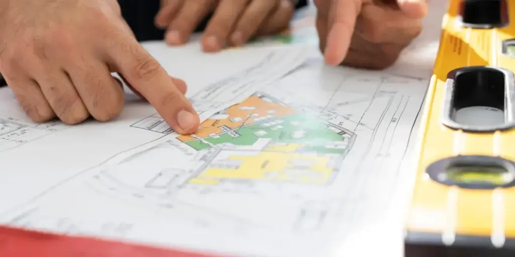 Mapa de risco na construção civil Mapa de risco na construção civil: imagem de um projeto num papel, com demarcações em cores diferentes. Há a mãe de uma pessoa sobre o projeto, apontando para alguns pontos.