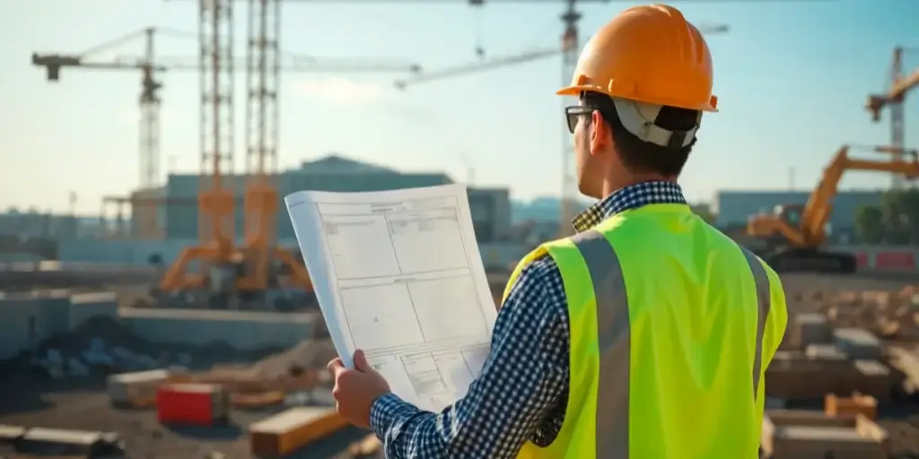 mapa de risco na construção civil Mapa de risco na construção civil: homem está em pé, veste uma blusa quadricula de manga longa com uma colete refletivo verde. Ele usa um capacete de proteção para obra e segura um folha grande de papel. Ele Olha para um canteiro de obra, com máquinas de construção civil.