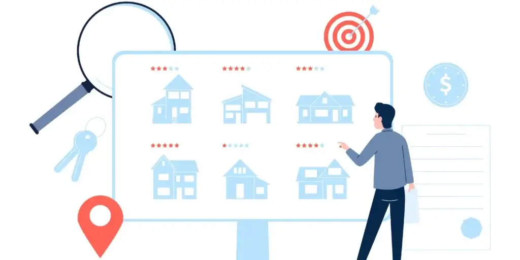 experiência pós-obra experiência pós-obra: Imagem mostra ilustração de uma tela de computador grande, onde vários ícones de modelos de casas estão lado a lado. Abaixo das casas há uma sequência de estrelas em miniatura, Fora da tela há ícones de chave, lupa, alvo, relógio com um cifrão no meio e um ponto de localização. Há p desenho de um homem, em frente a dela, apontando para uma das casas.