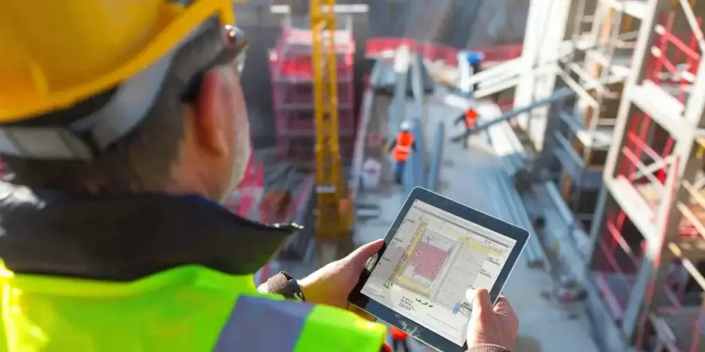 Mapa de risco na construção civil: imagem mostra parte da cabeça até o ombro de um homem, de costa, ele usa capacete e colete da construção civil. Ele segura um tablet com um projeto de obra. A frente dele tem uma canteiro de obras com andaimes e funcionários trabalhando.