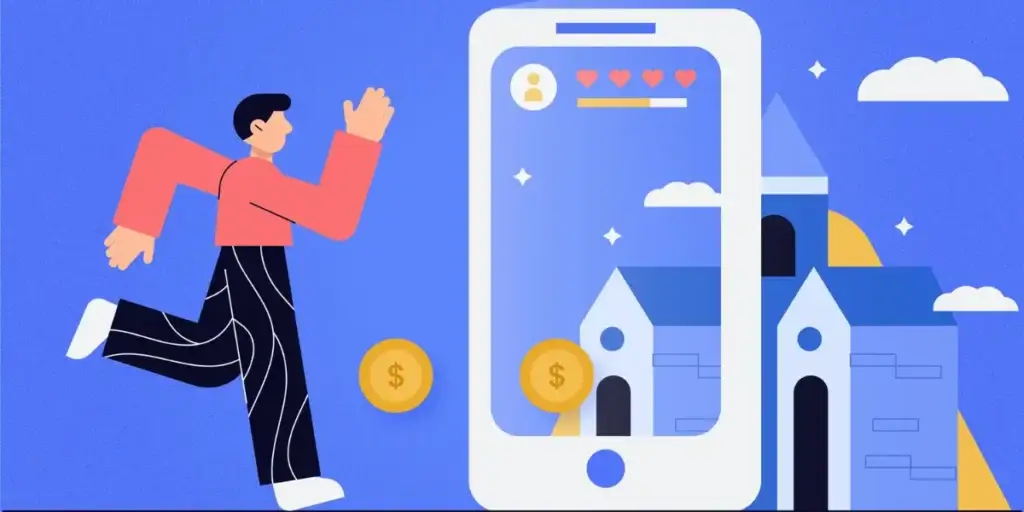 Captação de clientes imobiliários Captação de clientes imobiliários: imagem mostra uma ilustração de um homem andando. Ao lado dele há um smartphone com parte de uma imagem d euma casa, ícones de coração e de uma moeda. Ao lado do aparelho há o resto da casa, completando a imagem. Há nuvens e estrelas ao fundo, representando um céu.
