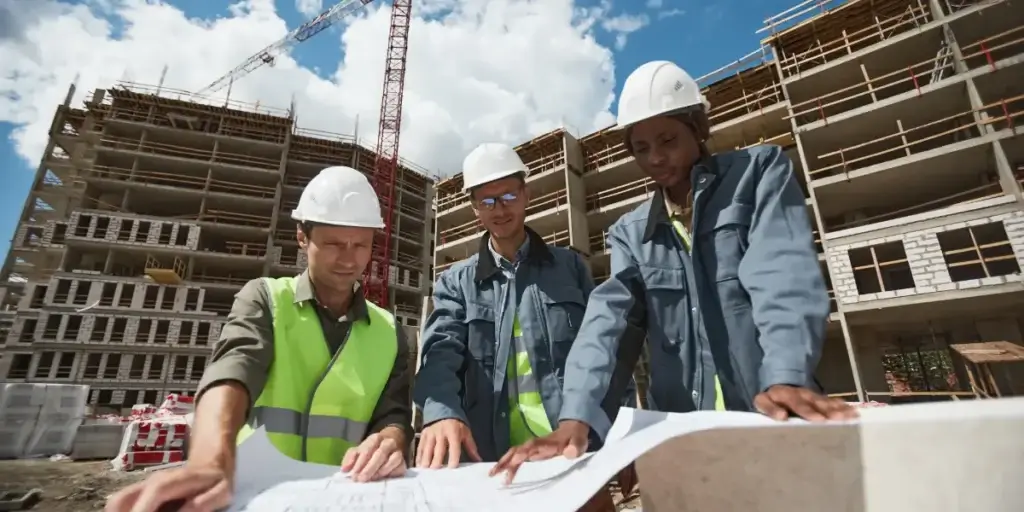 Qualidade na construção civil Qualidade na construção civil: imagem mostra três homens olhando um projeto de engenharia. Eles usam capacete de proteção para obra. Atrás deles há uma estrutura predial em construção.