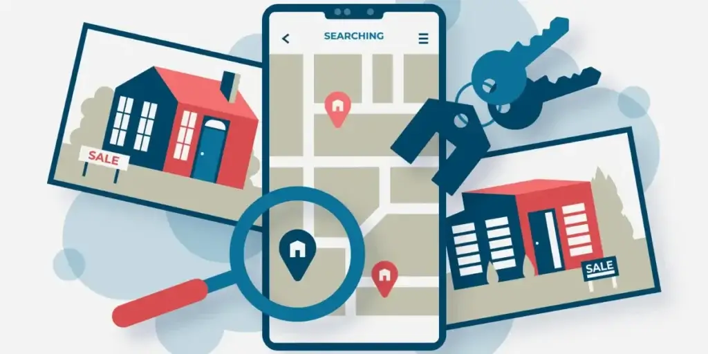 Venda digital de imóveis Venda digital de imóveis: imagem mostra ilustração com duas imagens de casas à venda, um smartphone com um mapa na tela e ícones de localização, uma lupa destacando um ponto de localização e duas chaves.