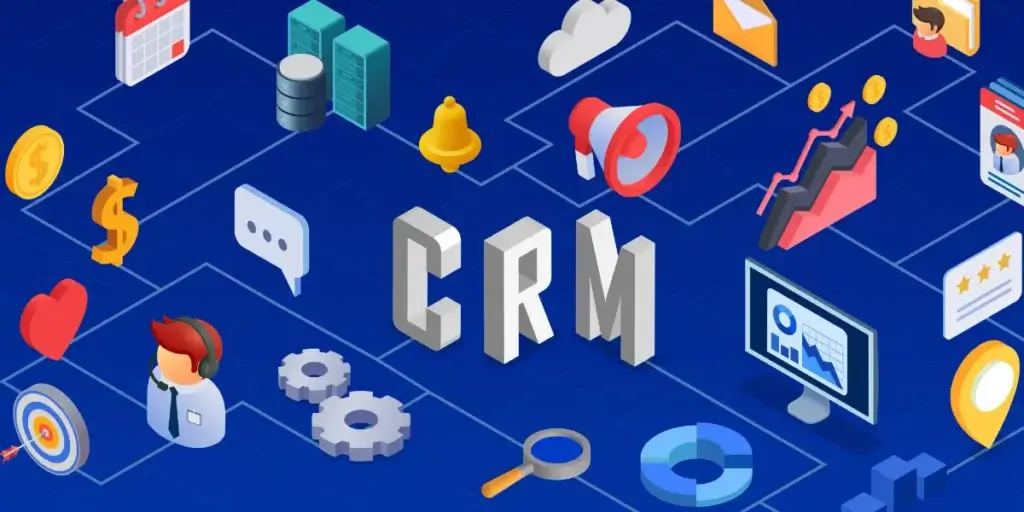 CRM com integração Zapier para agentes imobiliários: ilustração de vários ícones com a sigla CRM no centro.