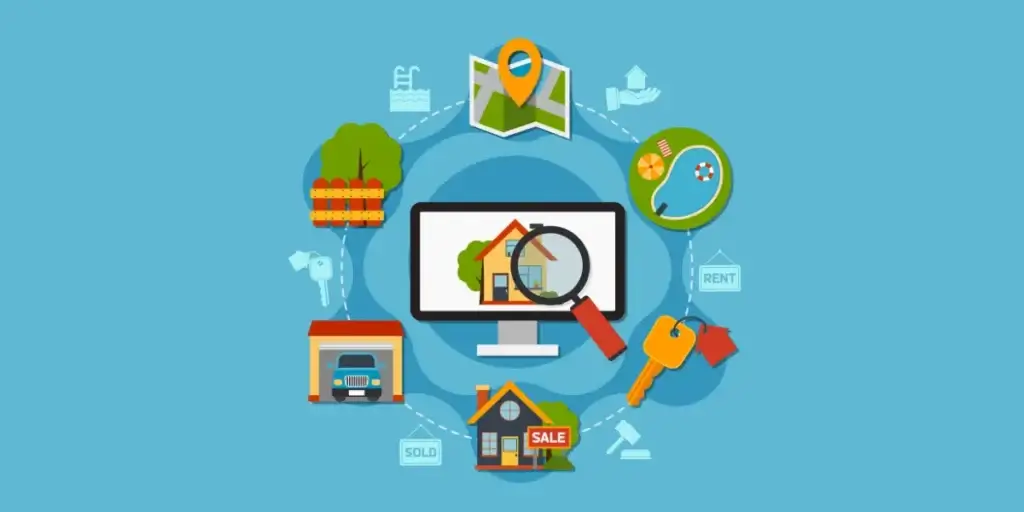 Contratar um CRM imobiliário Contratar um CRM imobiliário: ilustração com fundo azul, com ícones de casa, chave, localização.