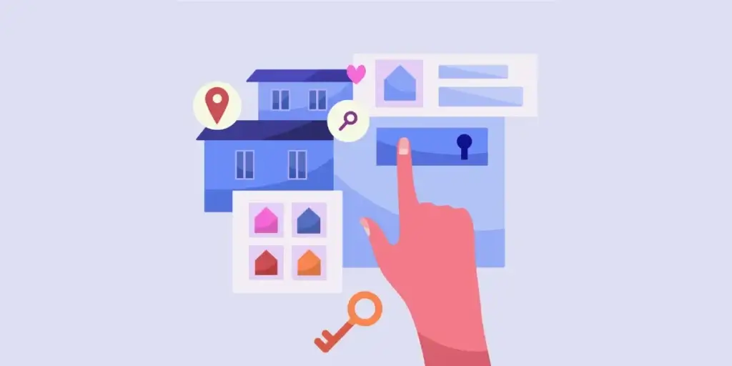 Contratar um CRM imobiliário Contratar um CRM imobiliário: ilustração com fundo azul. No meio da imagem duas casas, algumas páginas de site e uma mão em destaque, clicando num deles.
