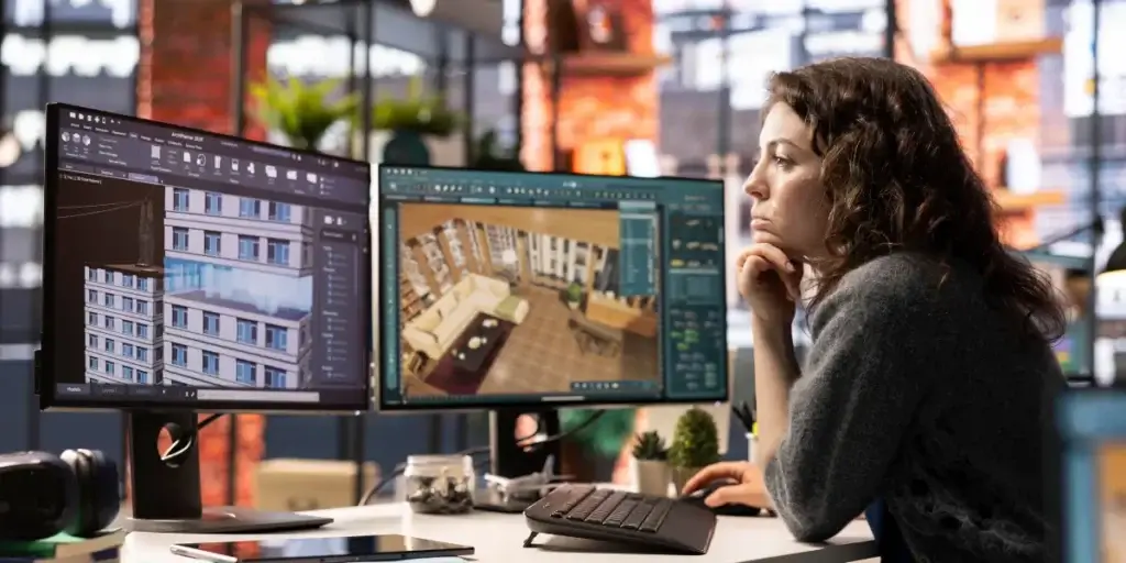 Digital twin: mulher num escritório trabalhando na frente de duas telas de computador. Nas telas projetos de prédios.