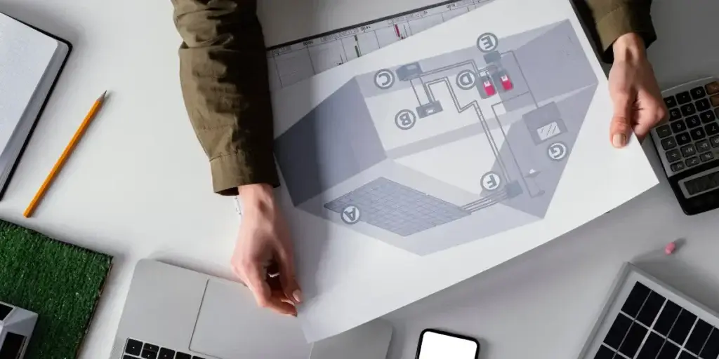 Digital twin: imagem vista de cima de uma mesa com alguns papeis, calculador, notebook. Foco em mãos segurando uma planta de uma casa.