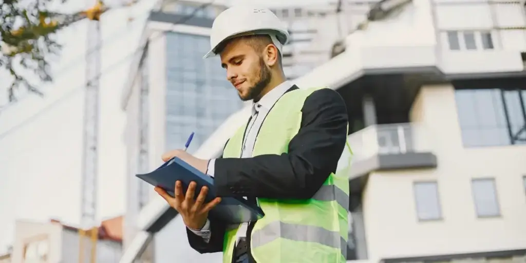 Fornecedores para construtoras Fornecedores para construtoras: homem com uniforme de construtor segurando um pasta e uma caneta e olhando na direção dos objetos. Ao fundo há prédios.