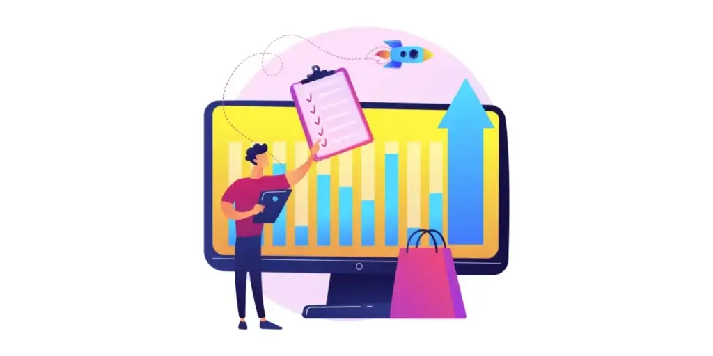 Gestão de vendas com CRM imobiliário Gestão de vendas com CRM imobiliário: ilustração de uma tela de computador gigante, com gráficos saindo da tela. Na frente, um homem segura uma planilha com um checklist.