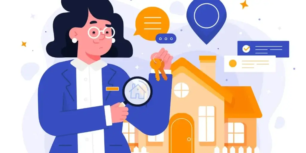 omnicanalidade no mercado imobiliário omnicanalidade no mercado imobiliário: imagem mostra ilustração com uma mulher segurando em uma das mãos uma chave, e na outra uma lupa, com um ícone de uma casa. Por trás há o desenho de uma casa e ícones ao redor dela com duas caixas de texto, um balão de texto e um ícone de localização.