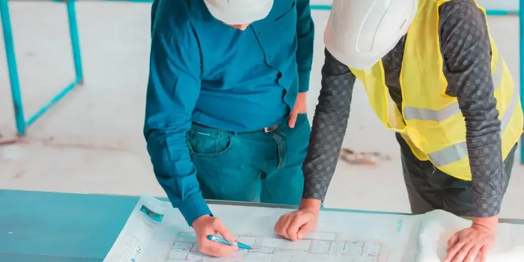 ECF na construção civil ECF na construção civil: Duas pessoas, vestindo roupas de trabalho, estão olhando para planos de arquitetura sobre uma mesa.