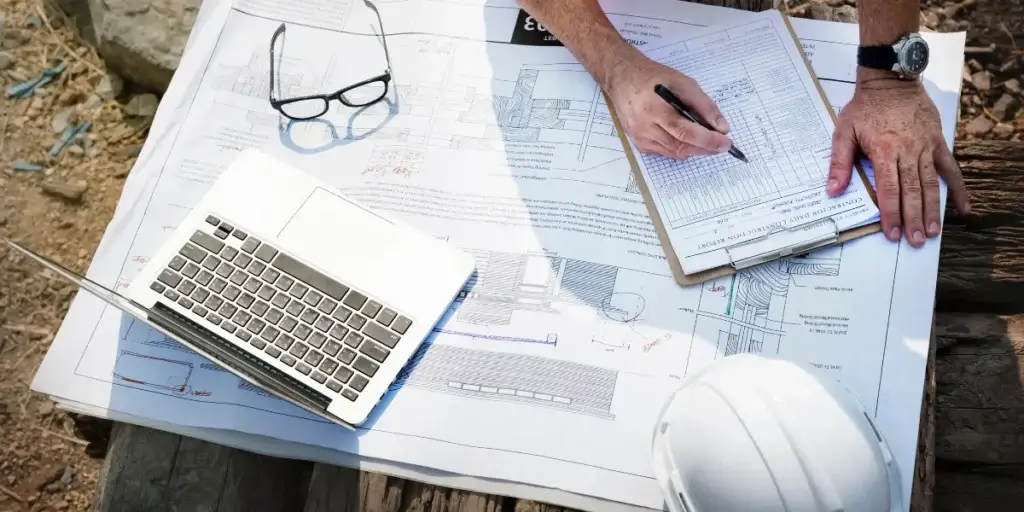 ECF na construção civil ECF na construção civil: Uma imagem mostra um profissional, possivelmente arquiteto ou engenheiro, revisando planos e desenhos em uma superfície de madeira ao ar livre.