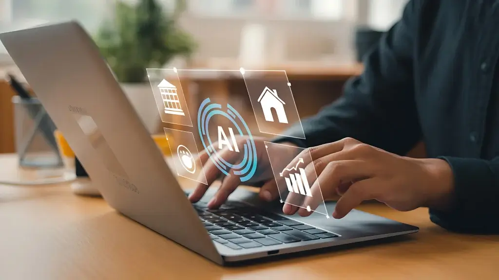 CRM Imobiliário: Uma pessoa utiliza um laptop enquanto símbolos digitais de inteligência artificial, casa, calendário e gráficos parecem flutuar sobre o teclado, sugerindo tecnologia integrada ao cotidiano.