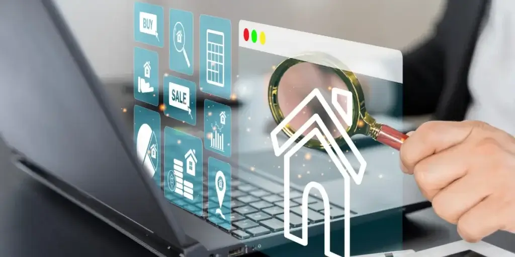 o que é CRM imobiliário: o que é CRM imobiliário: A imagem mostra um laptop com uma série de ícones relacionados a imóveis, como "Comprar", "Vender" e um ícone de casa com uma lupa.