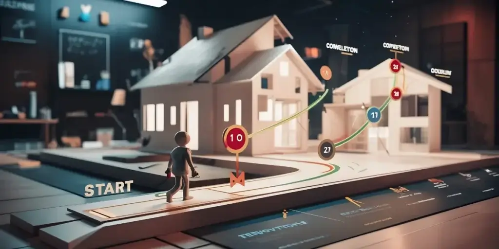 jornada do cliente imobiliário: A imagem mostra um diagrama tridimensional que ilustra o caminho de um processo, com miniaturas de casas, um personagem humano estilizado e gráficos que representam progresso e conclusões. 