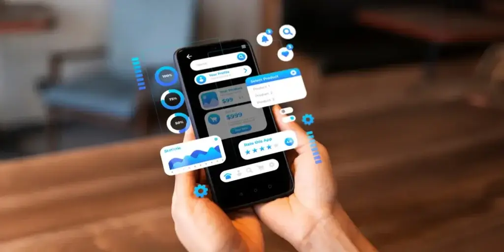 chatbot imobiliário chatbot imobiliário: imagem mostra mãos de uma pessoa segurando um celular com imagens tridimensionais de caixas de diálogo, avaliação, lupa de pesquisar.