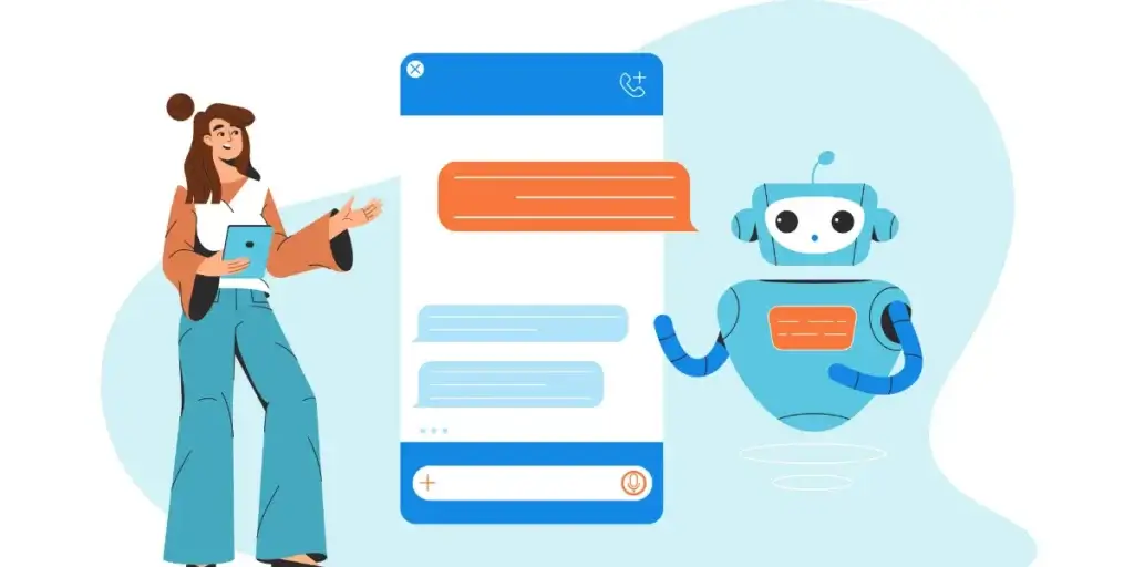 chatbot imobiliário chatbot imobiliário: ilustração mostra uma mulher segurando um tablet, com um robô ao lado. No meio deles há uma tela de um um bate-papo.