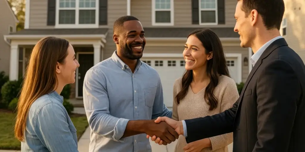 parceria imobiliária parceria imobiliária: um grupo de quatro pessoas, um de frente para outra, sendo que dois homens estendem a mão um para o outro. Ao fundo há uma casa.