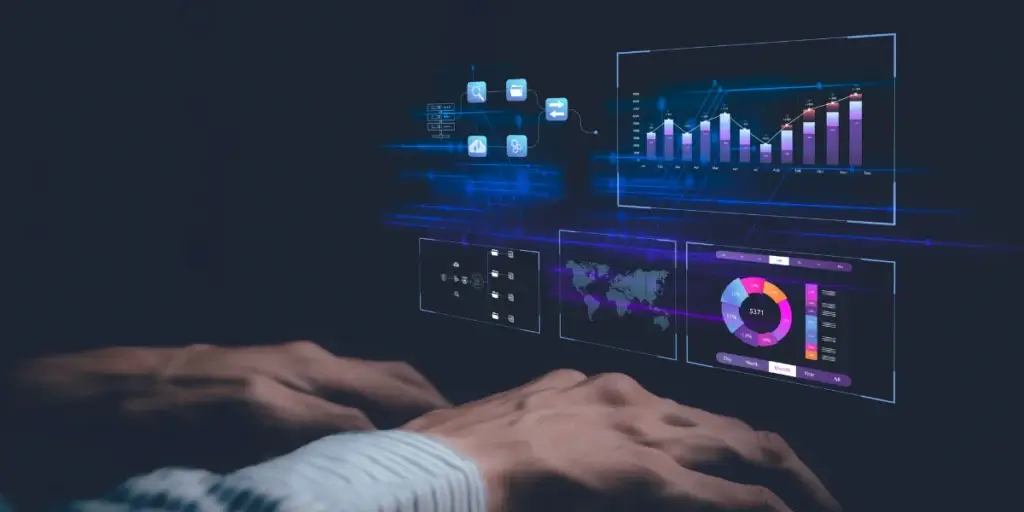 CRM com IA automação imobiliária: A composição da cena se concentra em duas mãos digitando em um teclado, com múltiplas interfaces digitais flutuando acima, apresentando dados de forma visual. A ação principal é a interação com os dados através do teclado, com as interfaces atuando como janelas de informações em tempo real.