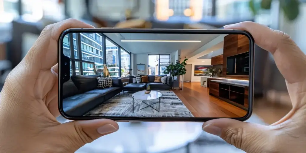 Tour virtual imóvel: Uma imagem focada em close-up mostra um smartphone exibindo a visualização de um interior moderno, com as mãos segurando o dispositivo em primeiro plano. O cômodo é uma sala de estar com sofá, tapete, mesa de centro e grandes janelas que oferecem vista para prédios. 