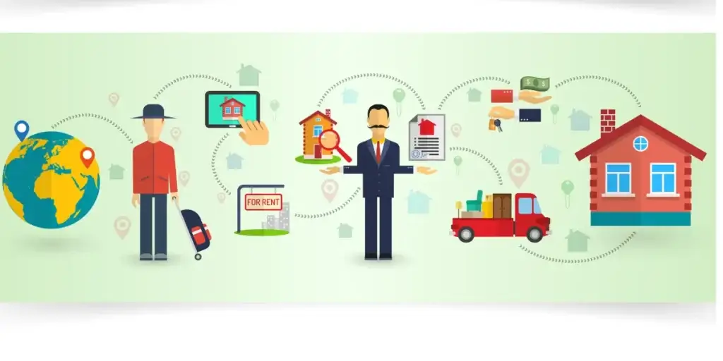 follow up imobiliário: A ilustração é feita por uma sequência de imagens. Ela se inicia com um globo terrestre, seguido por um homem com uma mala e um tablet com uma casa na tela. Em seguida, aparece um homem no centro com um bigode, ladeado por imagens de uma casa com uma lupa e um contrato. A cena culmina em um caminhão de mudança, o dinheiro, chaves e uma casa. Cada elemento está posicionado estrategicamente para guiar o olhar do observador através do processo imobiliário.