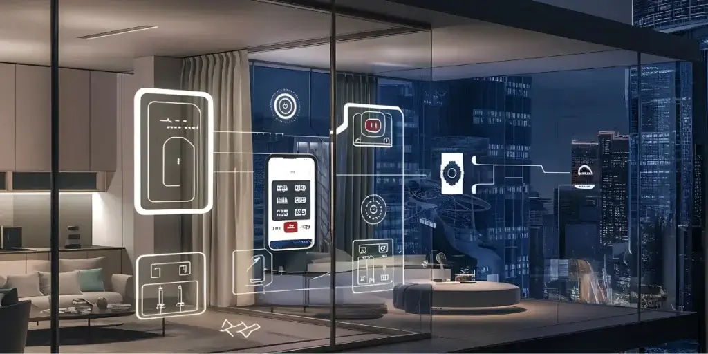 o que são smart buildings o que são smart buildings: A cena se compõe dentro de um apartamento luxuoso com amplas janelas que exibem uma vista noturna da cidade, com uma composição equilibrada que destaca o design de interiores e a tecnologia inteligente. A sobreposição de gráficos de interface do usuário, em linhas brancas brilhantes, conecta vários elementos do interior, como portas, iluminação e eletrodomésticos a um smartphone no centro da imagem. Os móveis, incluindo sofás, uma mesa de centro redonda e uma cama, estão dispostos de forma que a perspectiva do espectador se concentra na funcionalidade e elegância do espaço, com a luz natural e artificial trabalhando juntas.