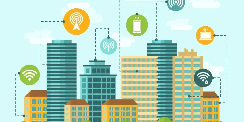 o que são smart buildings o que são smart buildings: a ilustração apresenta uma composição de paisagem urbana estilizada, com uma variedade de edifícios, incluindo arranha-céus altos e estruturas residenciais menores, dispostos horizontalmente ao longo da imagem. Vários ícones representando dispositivos como celulares, laptops e antenas estão posicionados na parte superior da imagem, cada um emitindo um sinal sem fio que se conecta a edifícios específicos por meio de linhas tracejadas. O enquadramento é em perspectiva de baixo para cima, destacando a escala dos edifícios e o alcance da rede de conectividade.