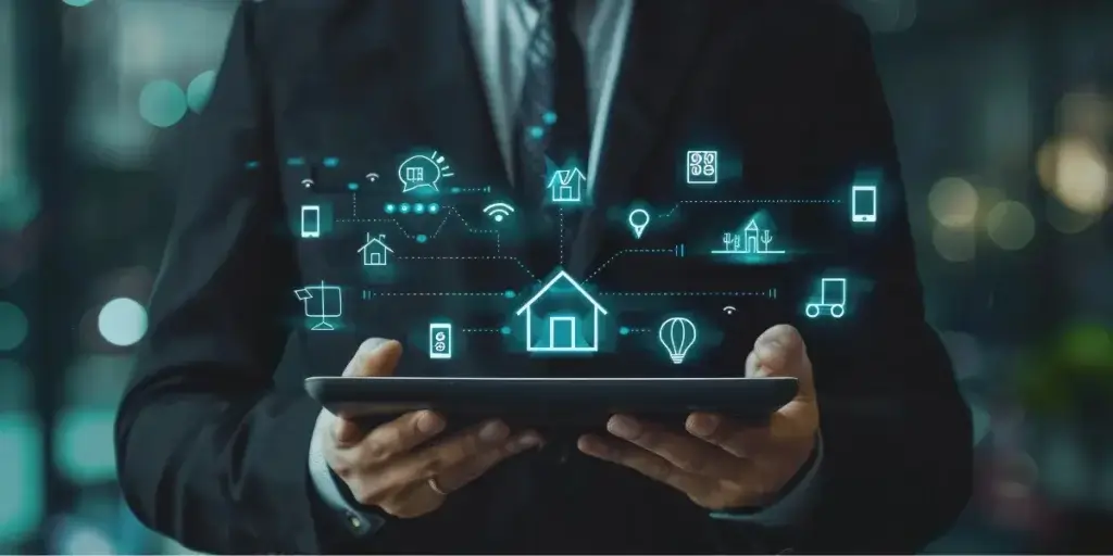 tendências do mercado imobiliário 2026 tendências do mercado imobiliário 2026: A cena se concentra nas mãos de um homem vestindo um terno preto, segurando um tablet com tela preta. Acima do tablet, gráficos de linhas e ícones azuis claros representam dispositivos de casa inteligente, como casas, celulares, lâmpadas, Wi-Fi e outros. Os ícones parecem irradiar do centro, na forma de uma casa, conectando-se a outros símbolos, sugerindo uma rede.