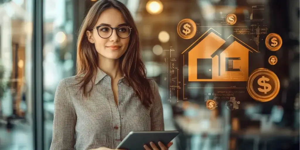 CRM para Imóveis CRM para Imóveis: imagem mostra uma mulher, que usa um óculos de grau e cabelos soltos, em primeiro plano. Em segundo plano há uma imagem com luzes desfocadas. E ao lado dela há uma projeção de uma casa, num imagem em 3D, com ícones de cifrão ao redor da casa e gráficos.