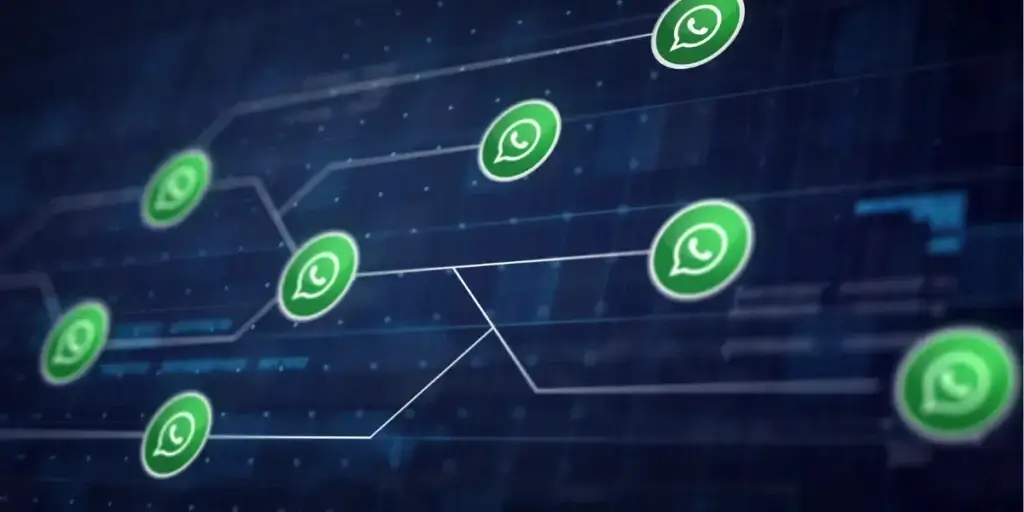 Qual o melhor CRM para whatsapp: Imagem mostra um fundo tecnológico com vários ícones do aplicativo whatsapp conectados em linhas. 