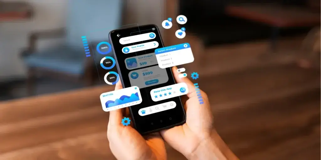 Qual o melhor CRM para whatsapp: Imagem mostra um celular com ícones em 3D saindo da tela, mostrando a interface de um aplicativo, com gráficos, tabelas, estrelas de qualificação. 