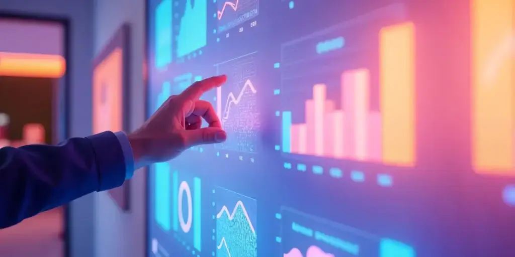 Automação de marketing imobiliário Automação de marketing imobiliário: A composição foca na interação de uma mão humana, vestindo um terno, tocando e interagindo com uma tela que exibe vários gráficos e dados complexos.