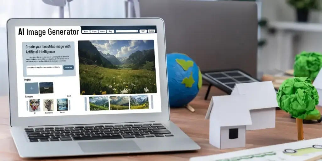 Marketing para loteamentos: Uma imagem de close-up exibe um laptop com um gerador de imagens de IA aberto, apresentando uma paisagem montanhosa exuberante. Há elementos na mesa, ao lado do computador, que estão posicionados para complementar o tema de criatividade e tecnologia, com um globo terrestre, modelos de casas e árvores em miniatura.