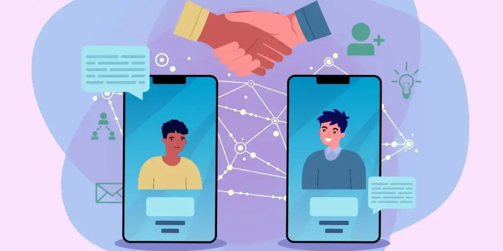 Script de vendas pelo WhatsApp imobiliário: dois smartphones verticais dispostos lado a lado. Acima deles, um aperto de mão estilizado, com uma mão em tom de pele mais escuro e outra em tom de pele mais claro, une as duas figuras. Uma rede abstrata de linhas brancas e pontos conecta diversos ícones simbólicos em torno dos telefones, como um envelope, uma estrutura de organograma e uma lâmpada, sugerindo interconectividade e ideias. O espaço negativo é preenchido com formas arredondadas em tons suaves de lilás e azul claro, criando um fundo etéreo e moderno.