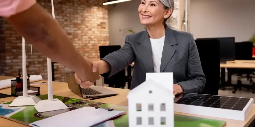 SLA de vendas imobiliárias:A composição da cena é focada em um aperto de mãos entre duas pessoas, com a mulher madura ocupando a maior parte do lado direito da imagem e seu braço estendido para encontrar o braço do indivíduo à esquerda.  A mesa entre eles está repleta de objetos relevantes para negócios ou projetos, como um laptop, papéis e maquetes de uma casa e um painel solar.