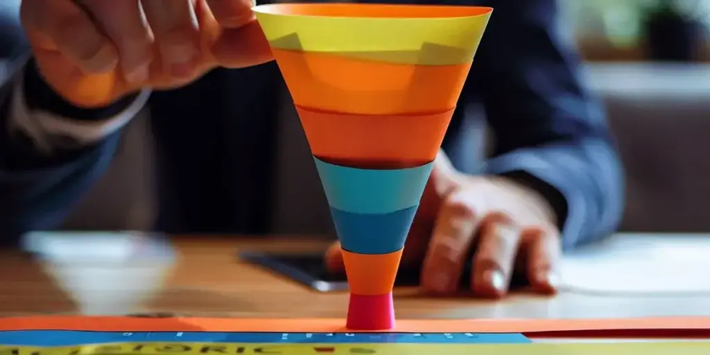 SLA de vendas imobiliárias: um homem, com a imagem desfocada, segura com uma das uma espécie de funil, em cima de uma mesa. 