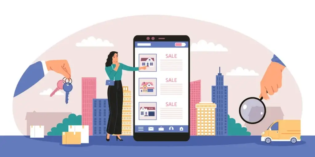 Automação imobiliária Automação imobiliária: a ilustração mostra um smartphone exibindo anúncios de imóveis para venda, com uma mulher olhando atentamente para a tela. À esquerda, uma mão estende um chaveiro com chaves, simbolizando a posse de uma nova propriedade. Do lado direito, outra mão segura uma lupa, sugerindo pesquisa e análise detalhada. O cenário é urbano, com silhuetas de prédios de diferentes alturas e cores, evocando um ambiente de cidade. Caixas de mudança empilhadas no primeiro plano e uma van amarela ao fundo indicam o aspecto logístico da transação imobiliária.
