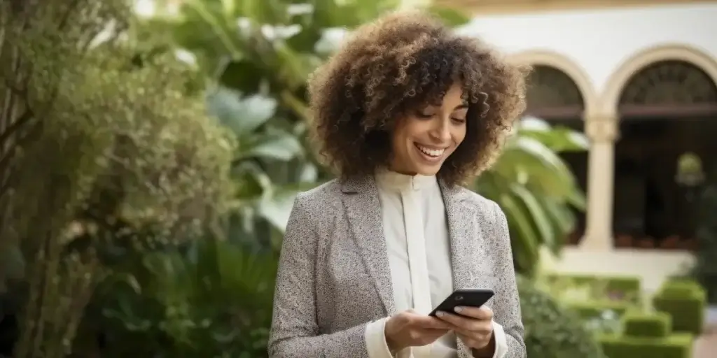 Automação imobiliária Automação imobiliária: a imagem mostra uma mulher, que está ligeiramente deslocada para a direita, com o seu olhar e atenção focados no celular que segura nas mãos. Ao fundo, um cenário desfocado com plantas.