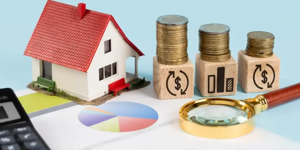 Antecipação de repasse imobiliário: Uma casa em miniatura, com telhado vermelho e paredes brancas, está posicionada à esquerda, parcialmente sobre um gráfico. À direita da casa, três blocos de madeira estão alinhados. O primeiro bloco exibe um símbolo de dólar com setas circulares, indicando transação ou ciclo monetário. O segundo bloco apresenta um gráfico de barras ascendente, simbolizando crescimento ou investimento. O terceiro bloco também tem o símbolo de dólar com setas circulares. Pilhas de moedas estão colocadas em cima de cada bloco, sugerindo acumulação de riqueza ou custo associado. Uma calculadora está visível na parte inferior esquerda, e uma lupa de metal dourado repousa sobre um gráfico circular na parte inferior direita, evocando uma análise detalhada. 